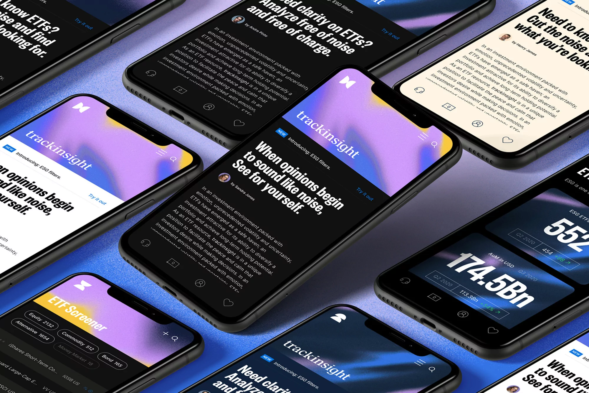 Multiple smartphones displaying Trackinsight's investing platform, showcasing ETF screeners and analysis tools in a well-lit studio environment.
