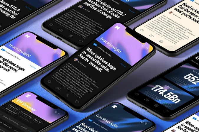 Multiple smartphones displaying Trackinsight's investing platform, showcasing ETF screeners and analysis tools in a well-lit studio environment.