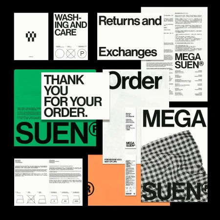 Collage of product care and order information with bold typography, featuring brands like MEGA SUEN against a black background.
