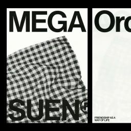 Black and white graphic design poster featuring bold typography and a patterned fabric texture for Mega Suen.