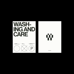 Two white cards with black typography showing washing care instructions and a geometric logo for Mega Suen brand identity design