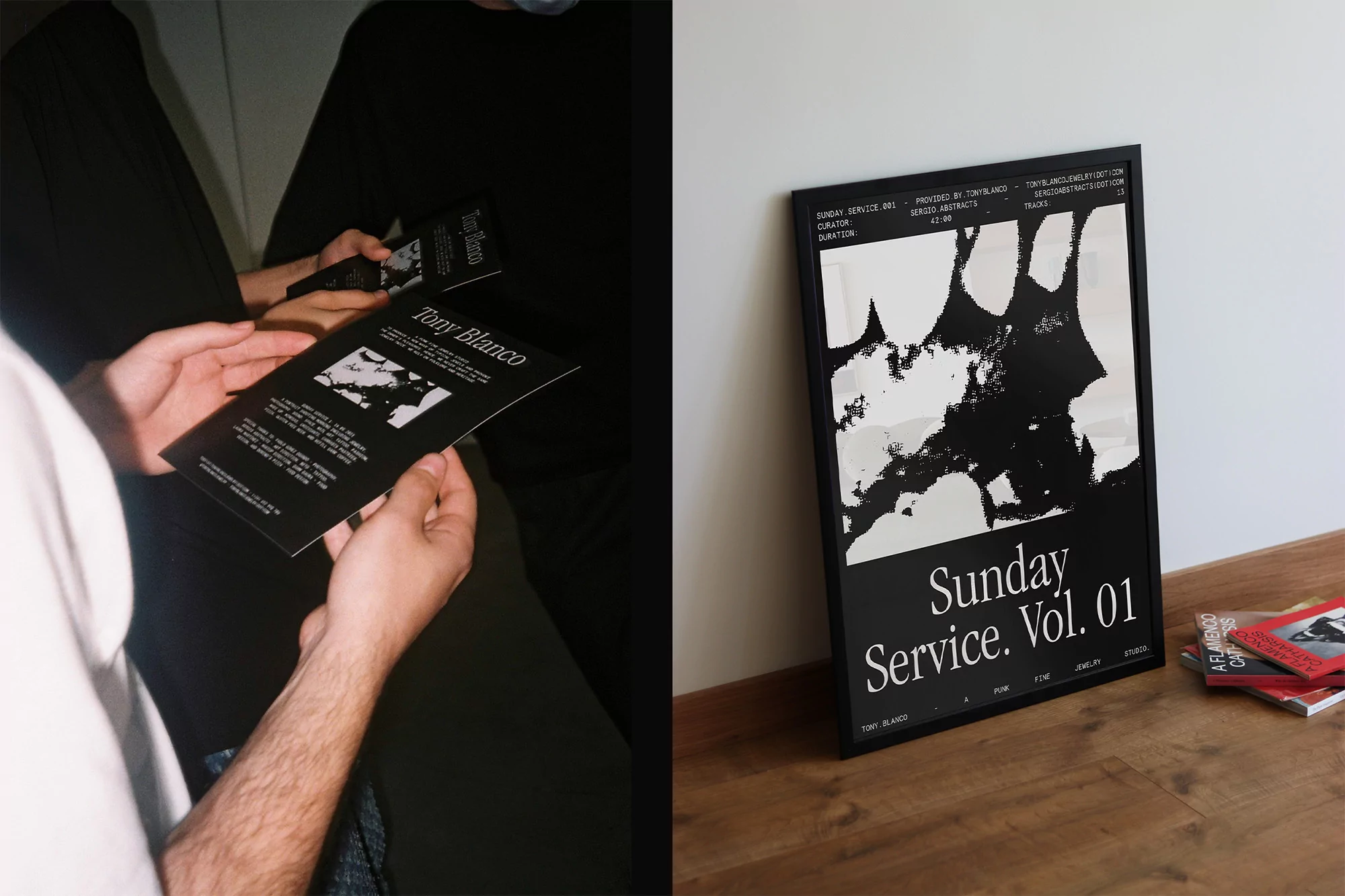 Two individuals holding flyers with 'Tony Blanco' text and a framed poster featuring 'Sunday Service Vol. 01' text on a wall.