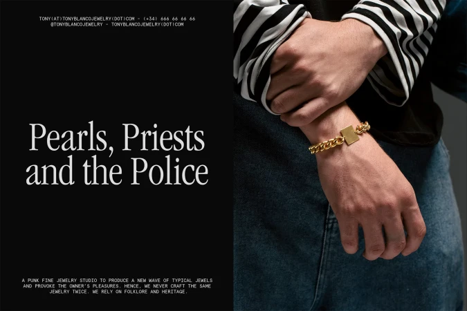A man poses with a gold chainlink bracelet featuring a square plate, against a black backdrop with stylized text.