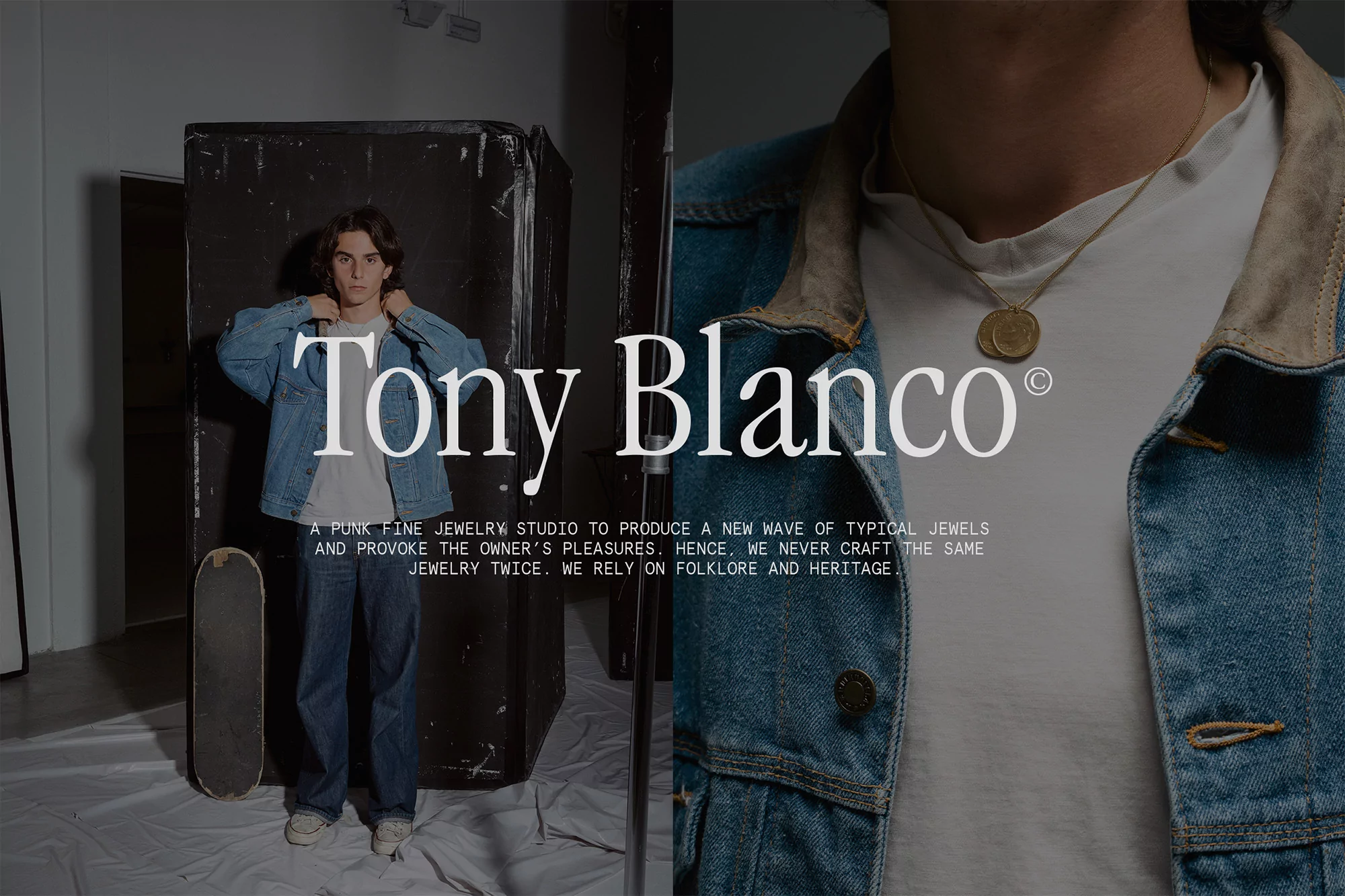 Two adults pose indoors; one wears a gold necklace and blue jean jacket. A skateboard and dark background complete the scene.