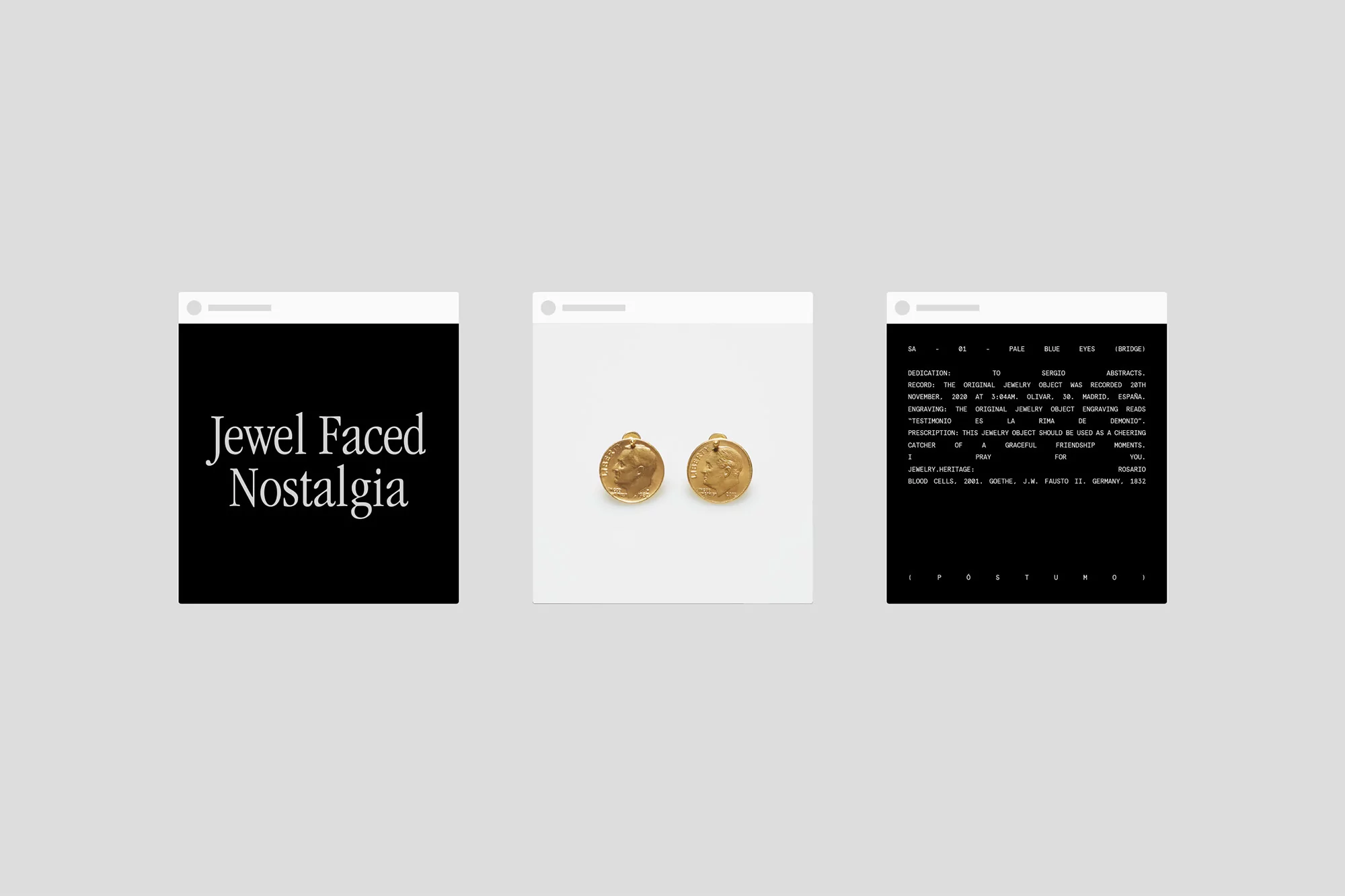 Three social media posts: the first a black square with white text, the second a pair of gold coin earrings, and the third a text block.