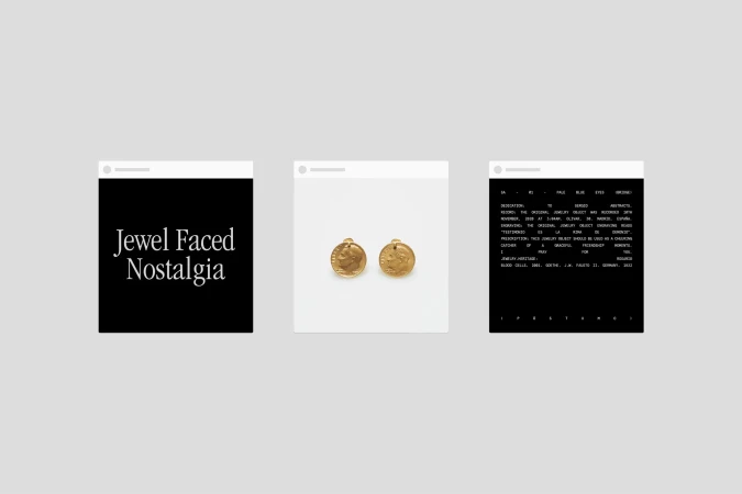 Three social media posts: the first a black square with white text, the second a pair of gold coin earrings, and the third a text block.