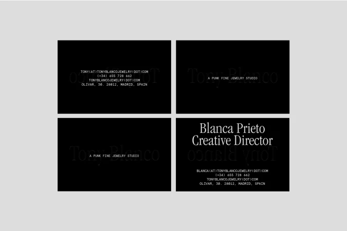 Four business cards with black backgrounds displaying the company name, contact information, and the name and title of Blanca Prieto.