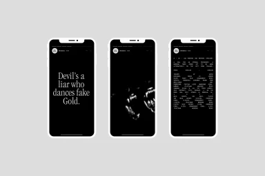 Three smartphones displaying black and white digital interface screens against a solid grey background
