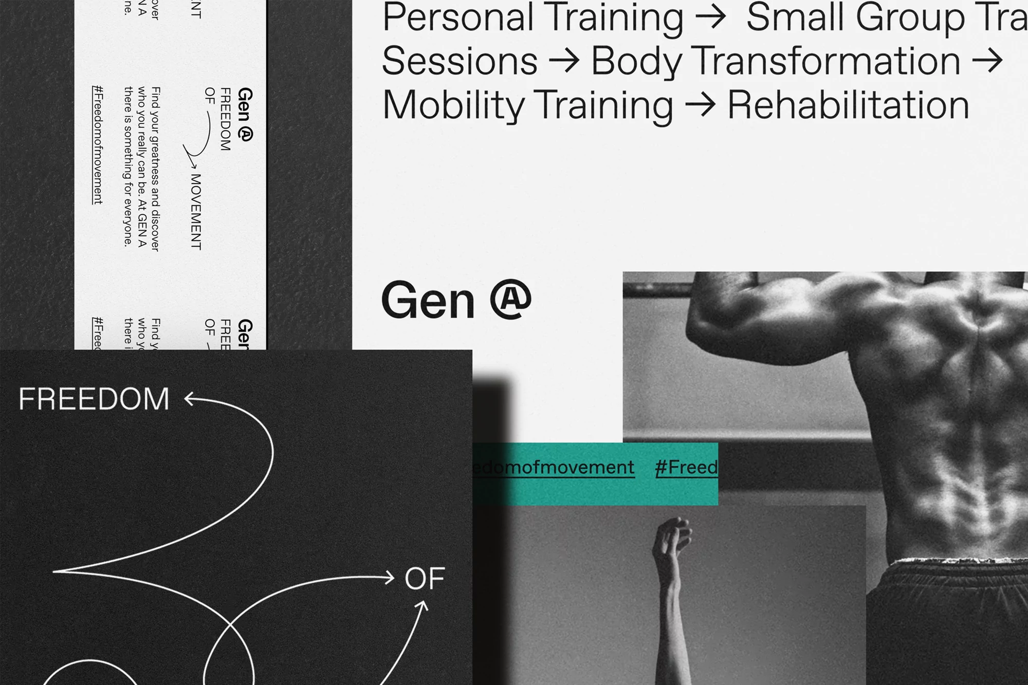 Fitness promotion with exercise training regimen and body transformation. Text includes training types and motivational messaging from Gen A.