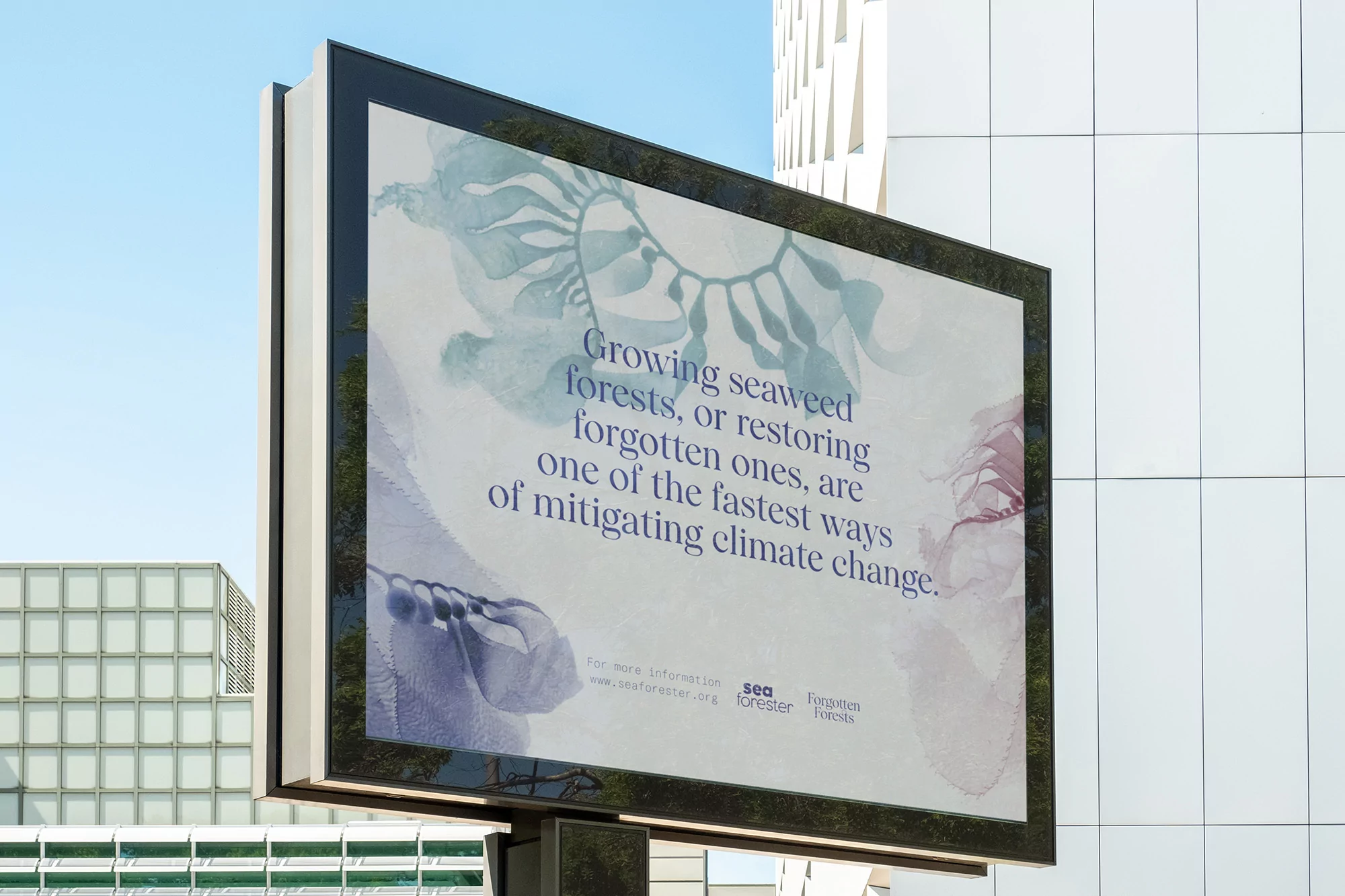 Outdoor billboard advertisement for Sea Forester featuring the message: Growing seaweed forests, or restoring forgotten ones, are one of the fastest ways of mitigating climate change.