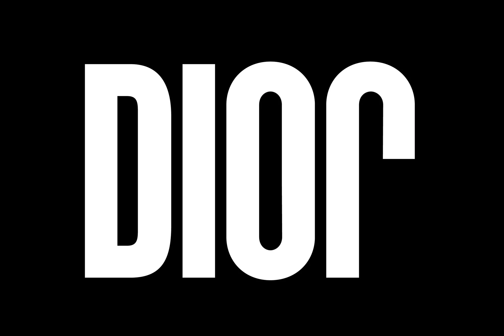 A stark image displays the word "DIOR" in bold white typeface against a solid black background. The lettering is minimalist and modern.