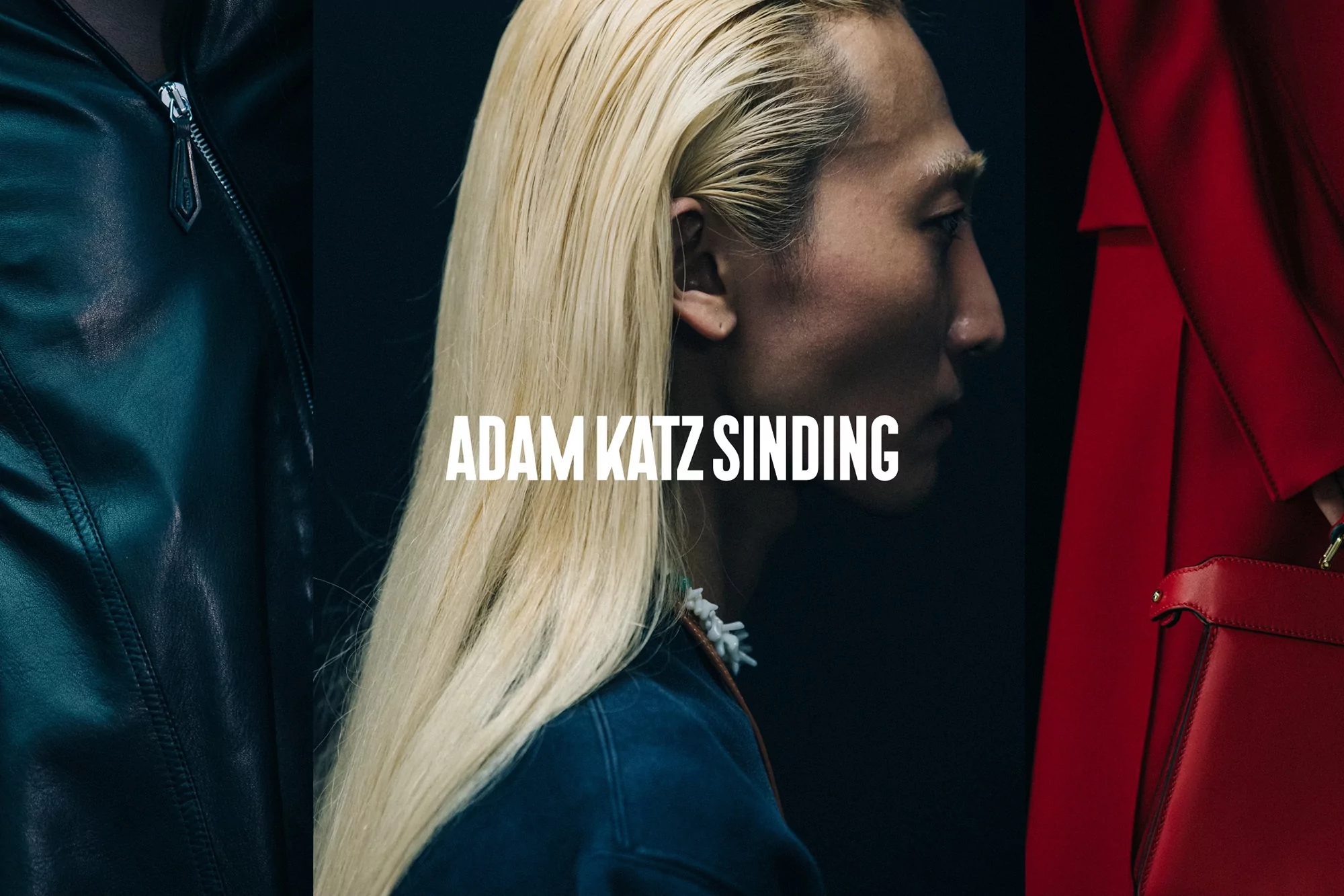 A person with long blonde hair looks right, framed by dark and red clothing textures in a studio setting.