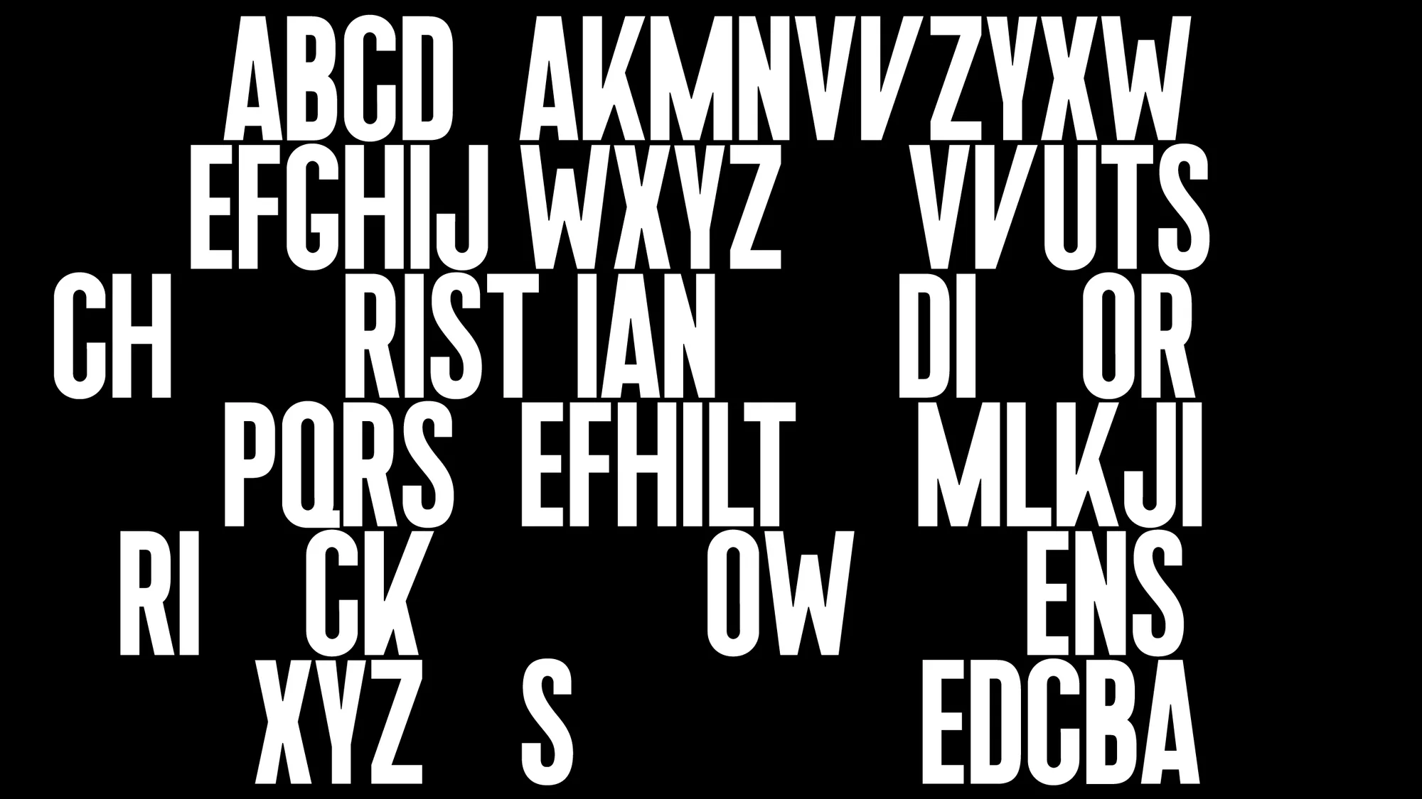 Graphic text art with stacked alphabets and brand names including Christian Dior and Rick Owens on a stark black background.