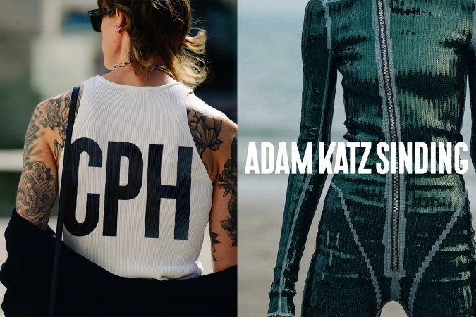 Fashion shot with a person wearing a white CPH tank top with shoulder tattoos and a sequined jumpsuit on a beach, bold text overlay.