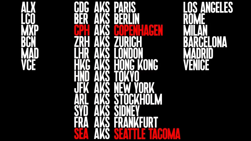 List of airport codes and destinations including Paris, Berlin, Copenhagen, Zurich, London, Hong Kong, Tokyo, New York, and Seattle.