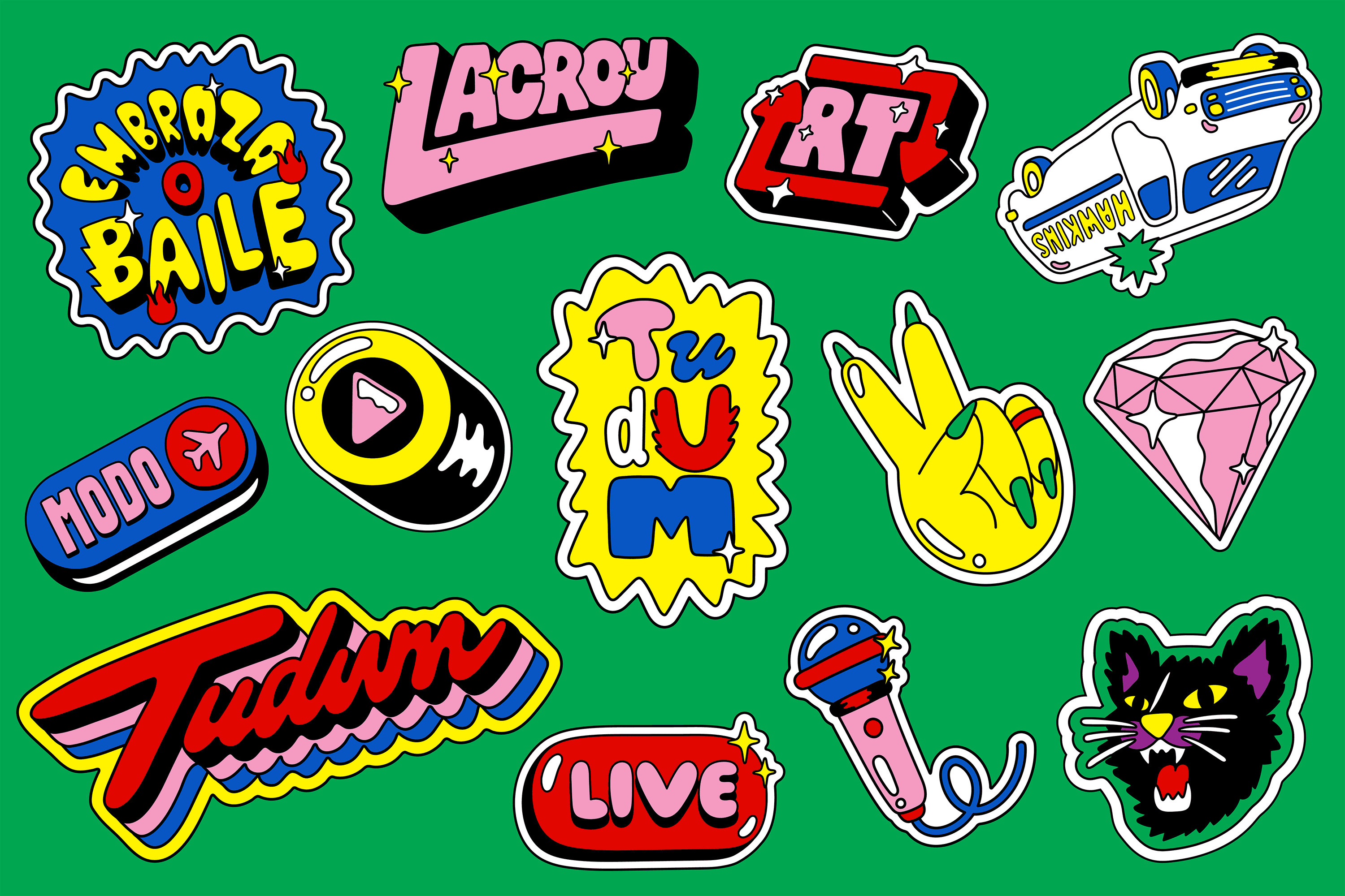 Illustration featuring colorful cartoon stickers, including phrases, microphone, diamond, victory hand sign, and black cat on green backdrop.