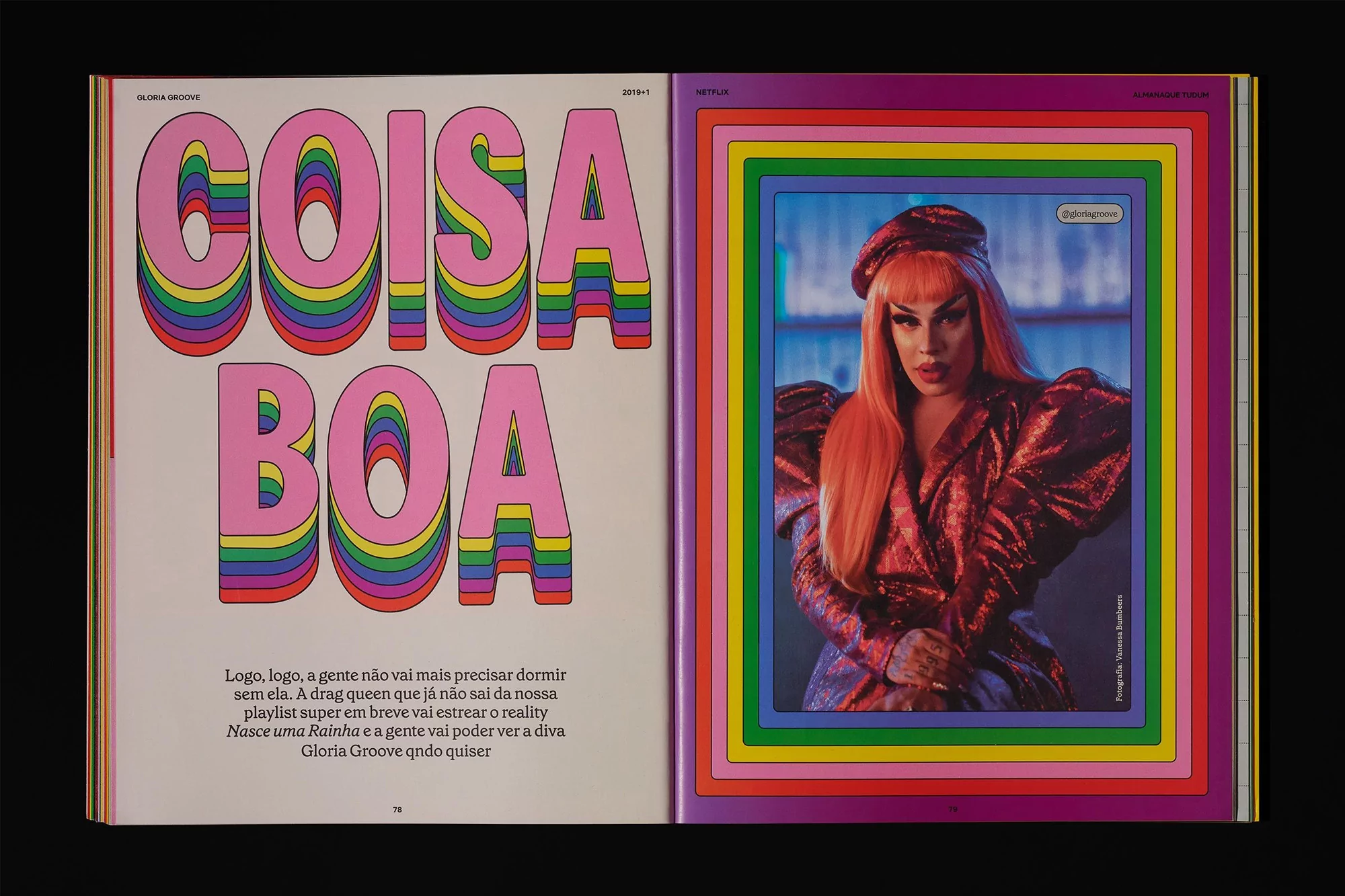 Magazine spread featuring bright graphic text and a framed portrait of a drag queen with orange hair and a sparkly red jacket.