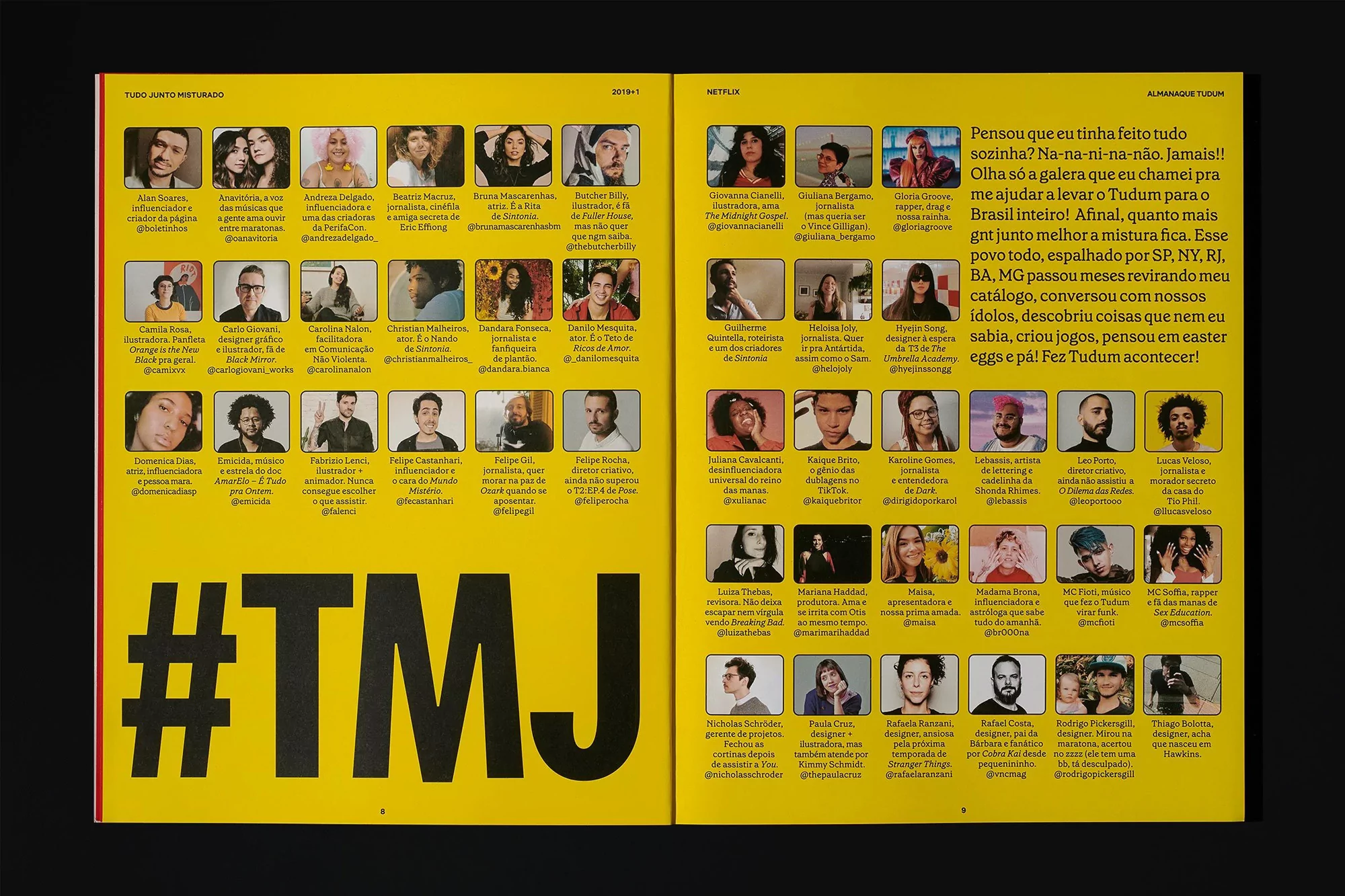 Collage of magazine pages featuring numerous headshots and names in yellow-and-black print, showcasing a variety of diverse individuals.