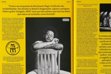 Editorial spread for Netflix Brasil featuring musician Emicida resting arms on a wooden chair with yellow typography columns.
