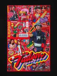 Vibrant red poster filled with collage elements, characters, stickers, and the large Tudum logo for Netflix Brasil brand identity.