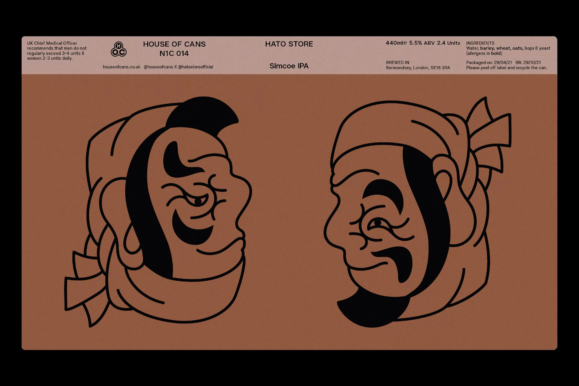 Illustrated beer can label features two stylized faces in profile against a brown background, advertising House of Cans Simcoe IPA.