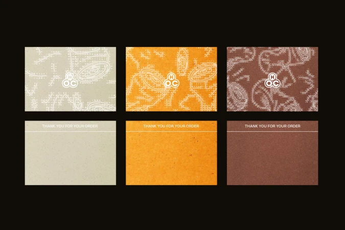 A graphic design featuring three rectangular cards in beige, orange, and brown, each with a logo, pattern and the text 'Thank you for your order'.