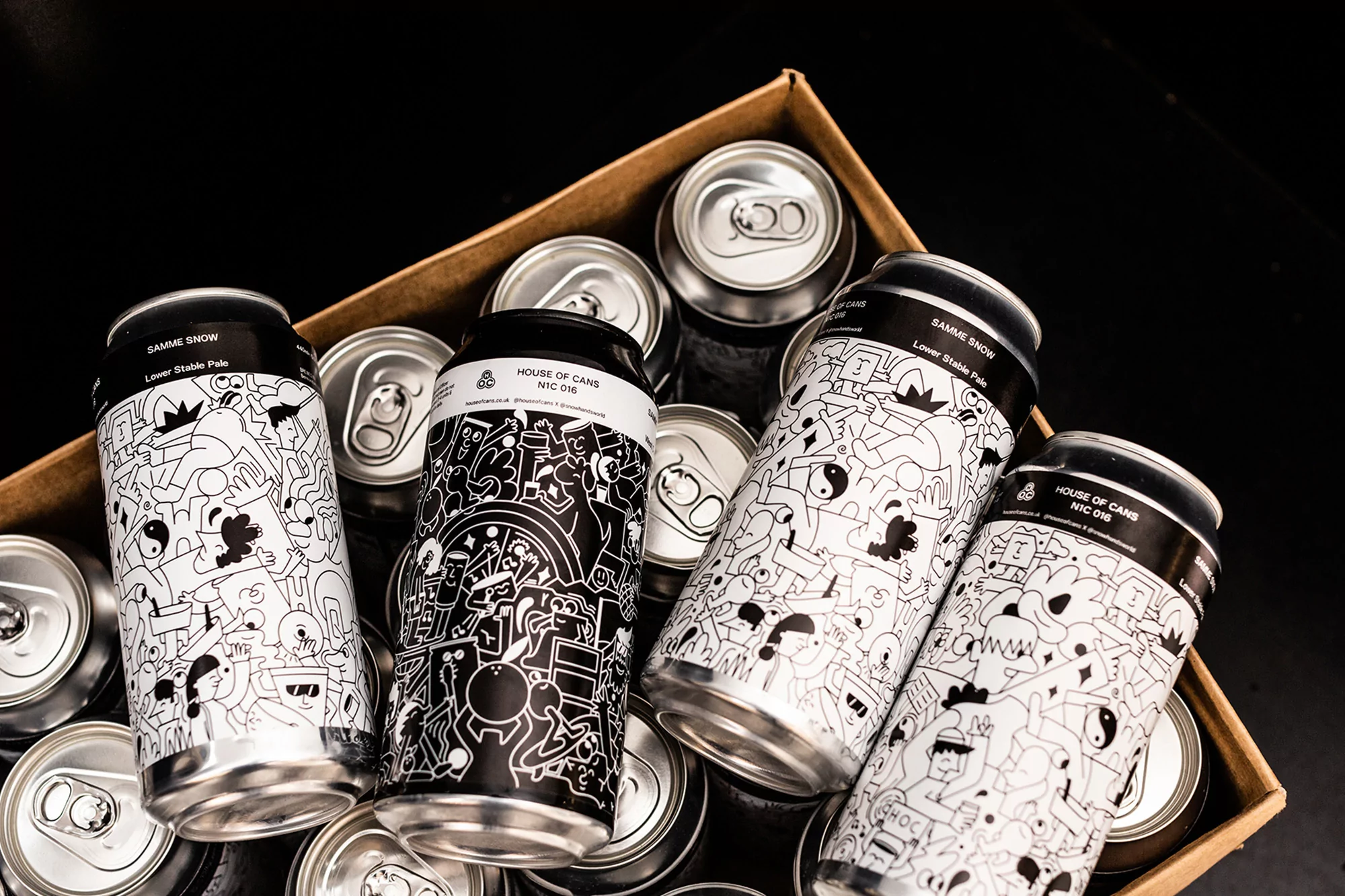 Overhead shot of craft beer cans in a cardboard box featuring artistic black and white designs on the cans against a dark background.