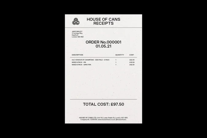 House of Cans receipt with order details, total cost of £97.50, order number 000001, and date 01.05.21 against a black backdrop.