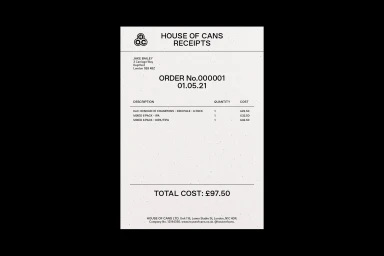 Receipt graphic design by IYA Studio for House of Cans brand identity featuring order details and company address.