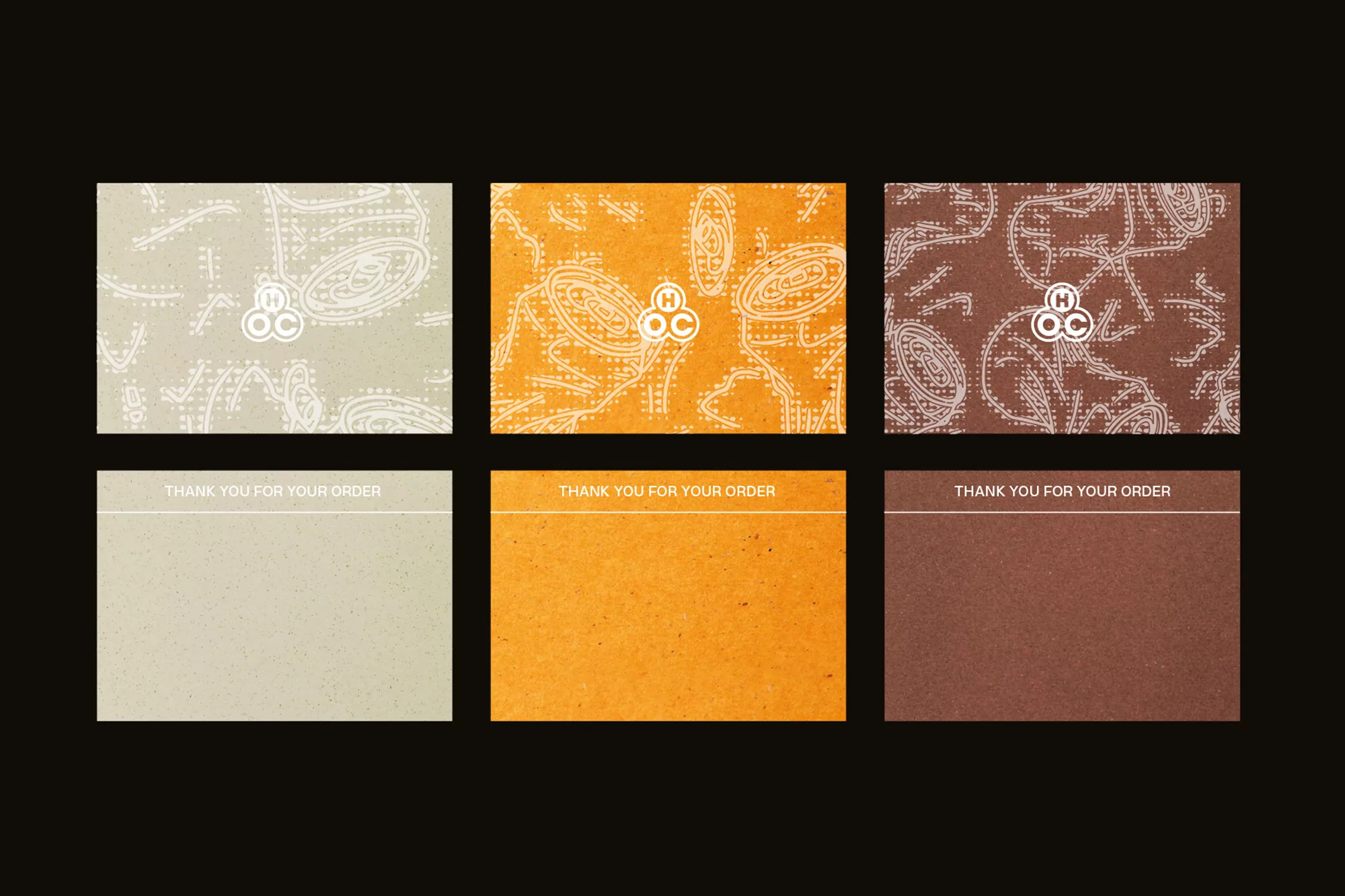 Six branded packaging cards featuring textured patterned surfaces in beige, orange, and brown with printed typography.