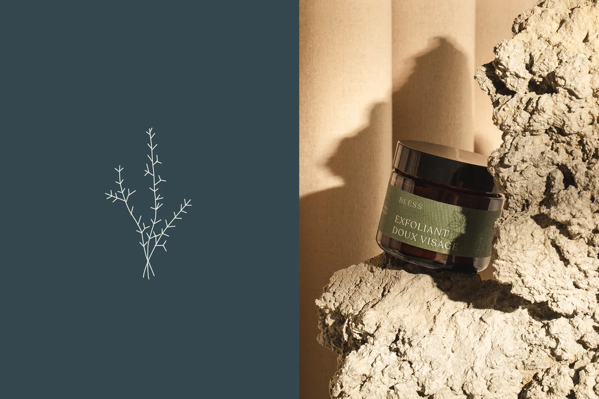 Cosmetic product jar on rock with minimalist branch design on dark background. Studio shot for beauty and skincare advertising.