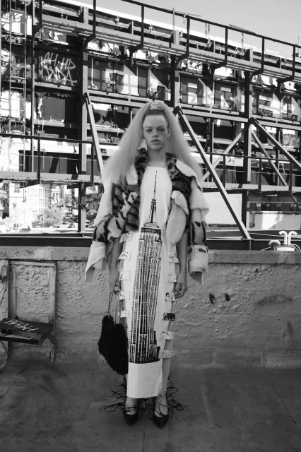 Monochrome fashion shot of a person on a rooftop wearing a printed dress, fur coat, and heels, with the city visible in the background.