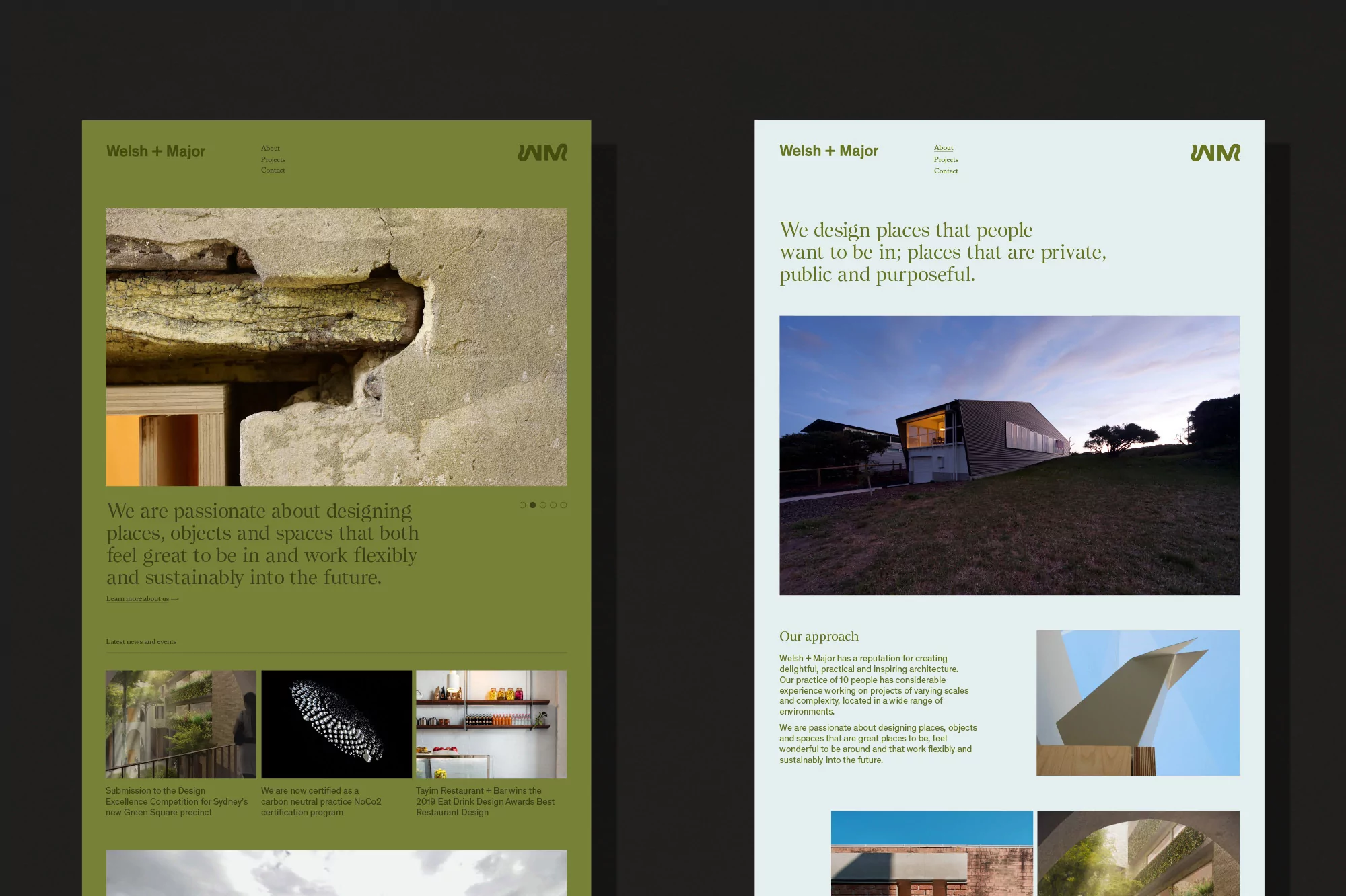 Two website mockups displaying architectural design firm Welsh + Major, one showcasing building detail, the other a modern house.
