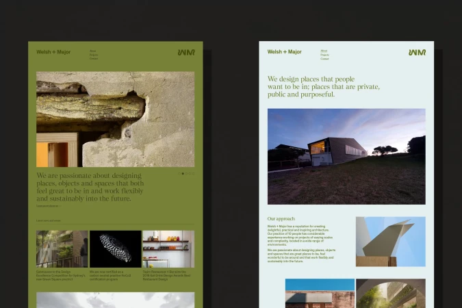 Two website mockups displaying architectural design firm Welsh + Major, one showcasing building detail, the other a modern house.