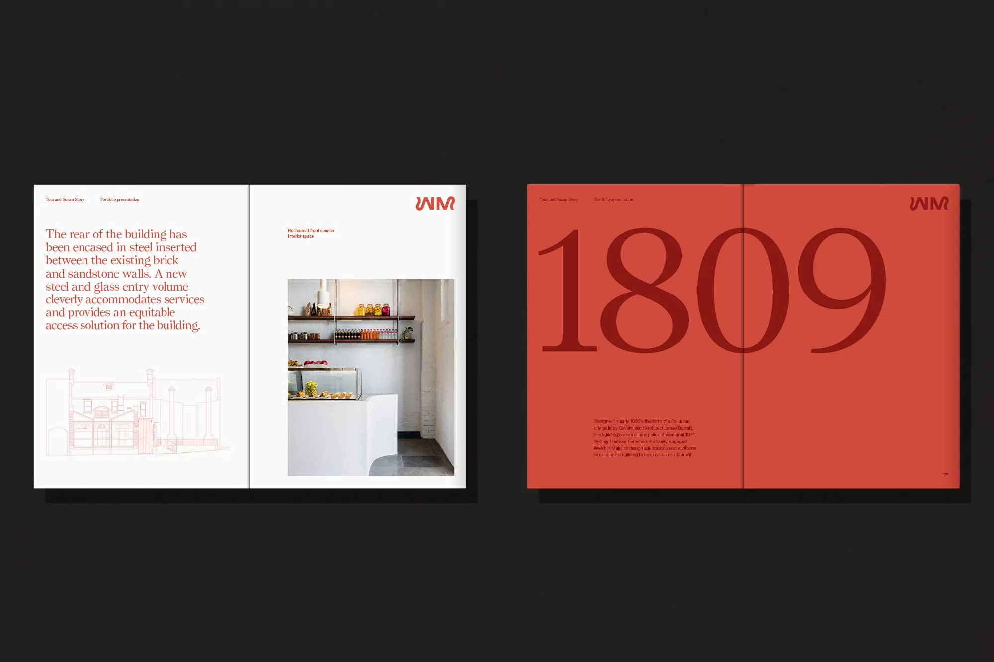 Promotional image of a red booklet with 1809 in large text next to a white booklet featuring interior architectural details.