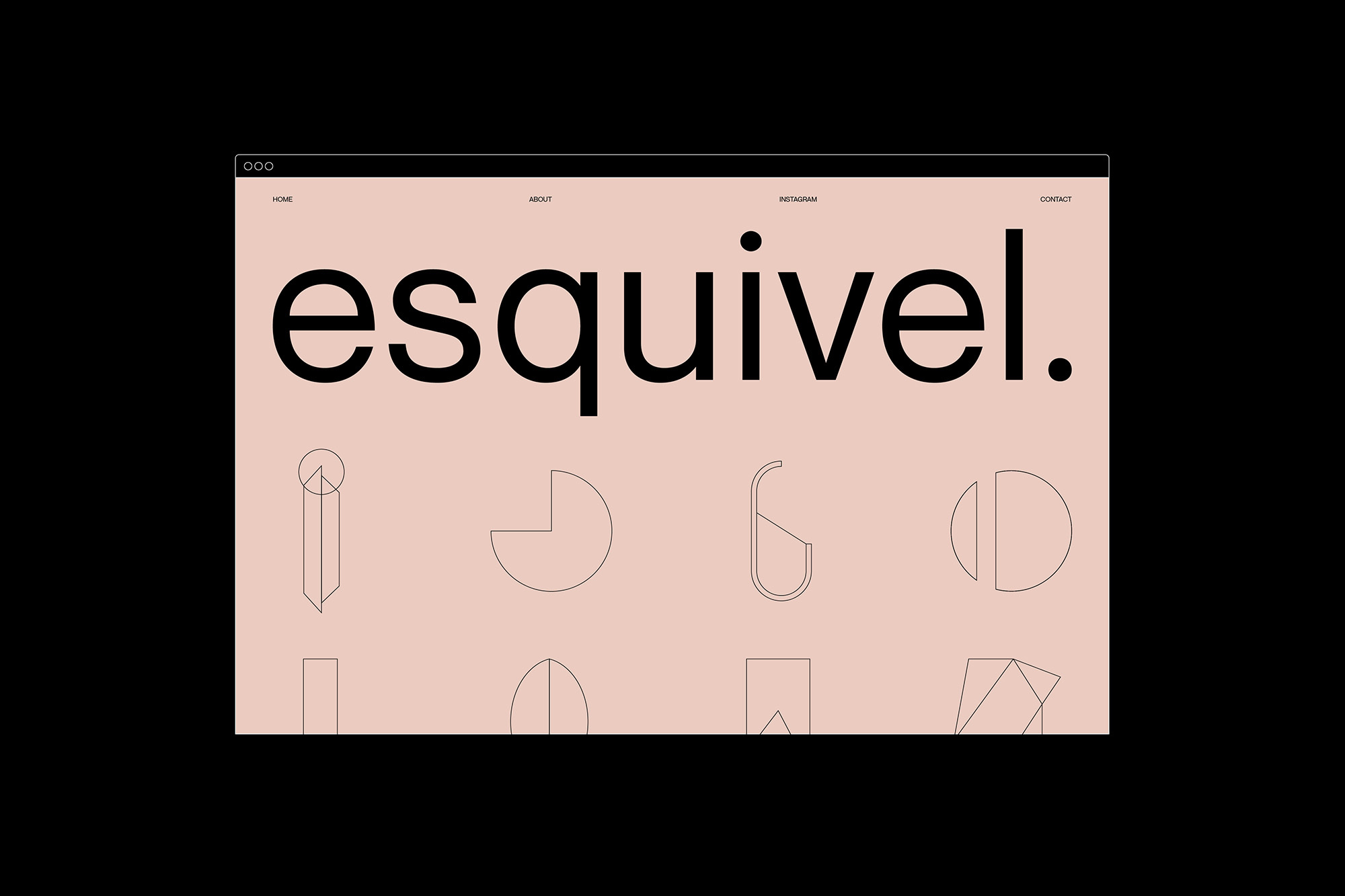 Website interface on a peach background displays 'esquivel.' in large black font with abstract geometric shapes below the header menu.