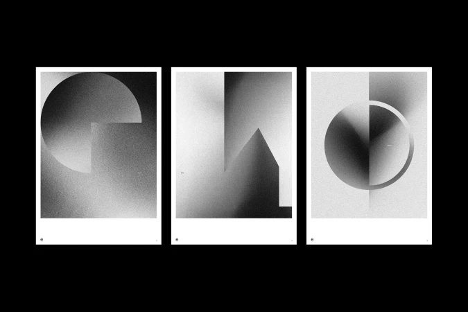 Three posters with black and white abstract geometric shapes including circles, triangles, and squares on a black background.