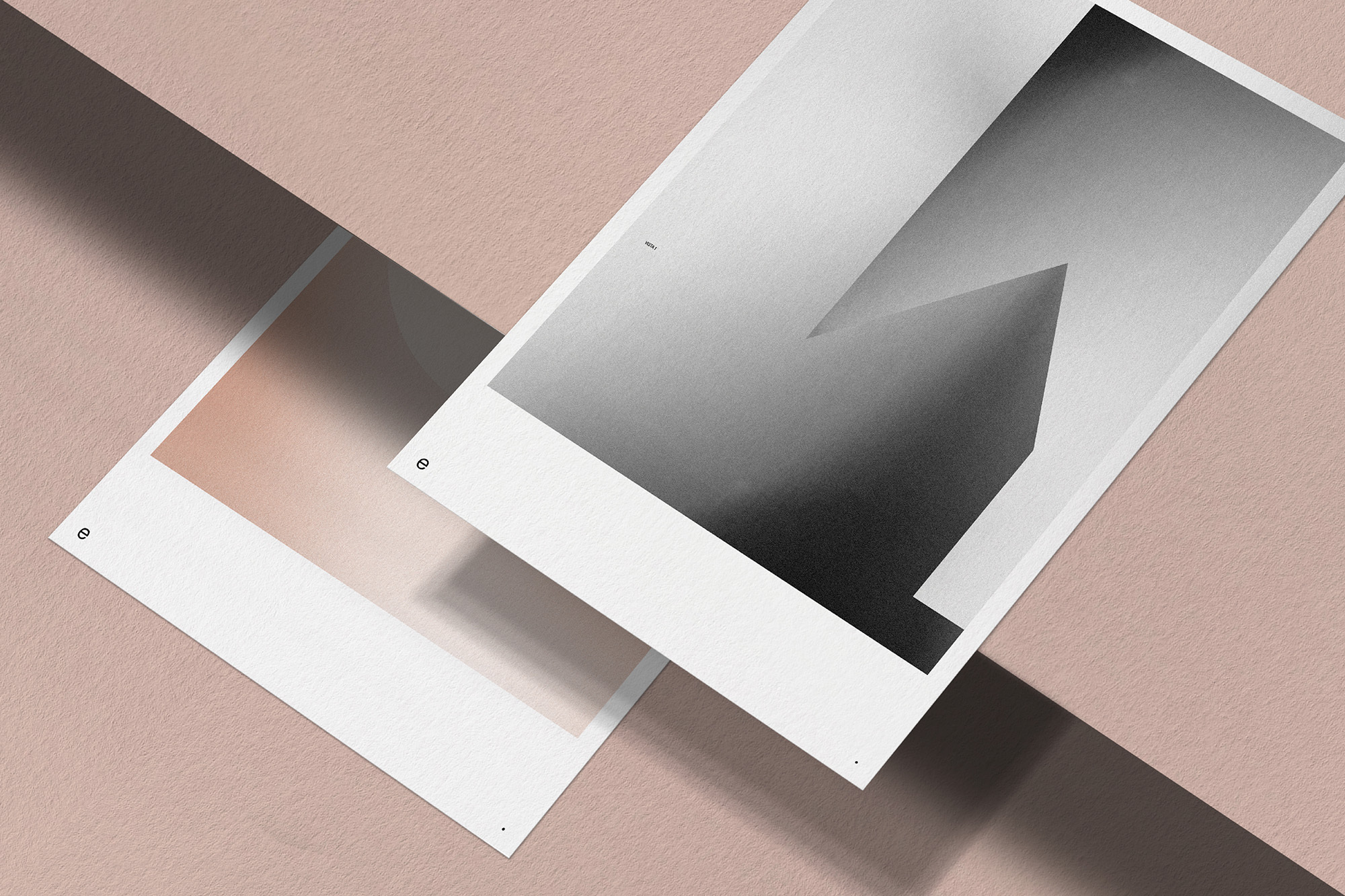Two abstract art prints featuring geometric shapes in shades of gray and brown, set against a textured pastel background, minimalist design.