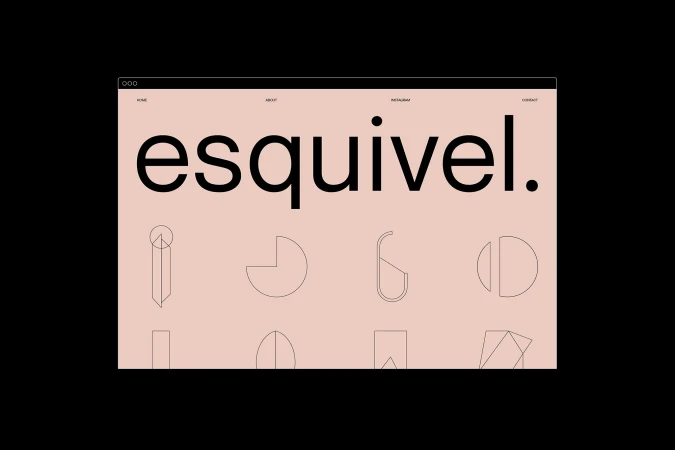 Website interface design for Esquivel featuring large black lowercase typography and geometric line icons on a pink background