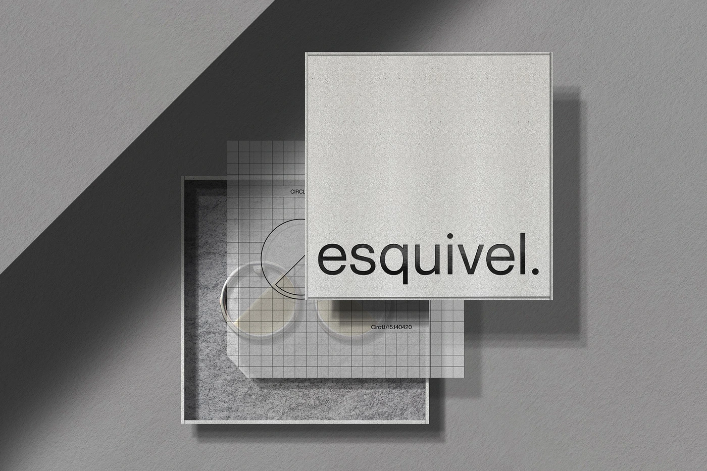Esquivel brand identity box packaging design with translucent grid overlay and grey textured background.
