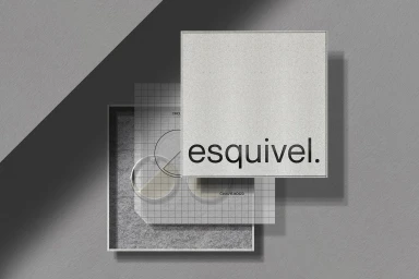 Esquivel brand identity box packaging design with translucent grid overlay and grey textured background.