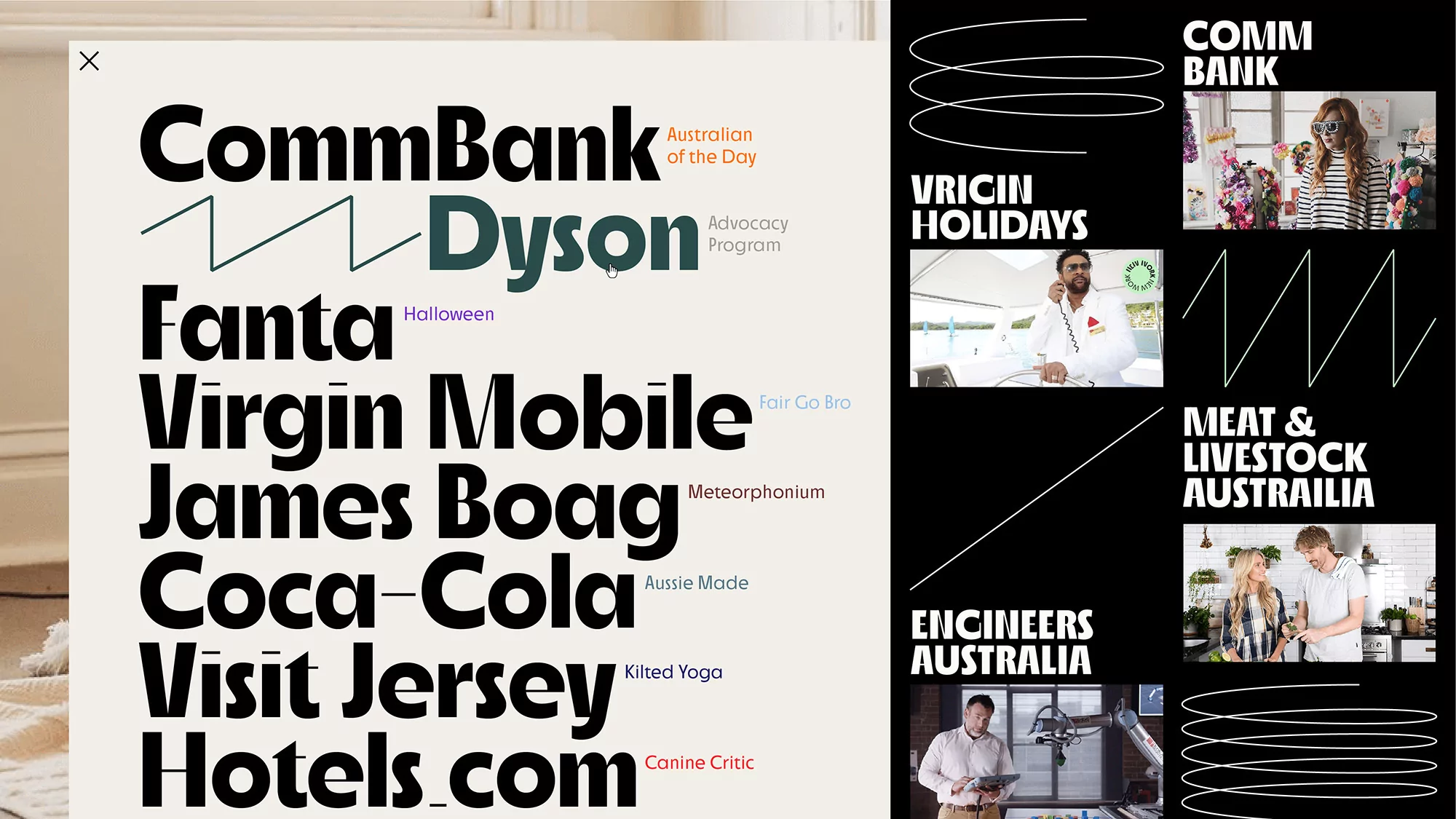 Collage of text and brand logos arranged in a playful composition with lifestyle and product photography showcasing various advertisements.