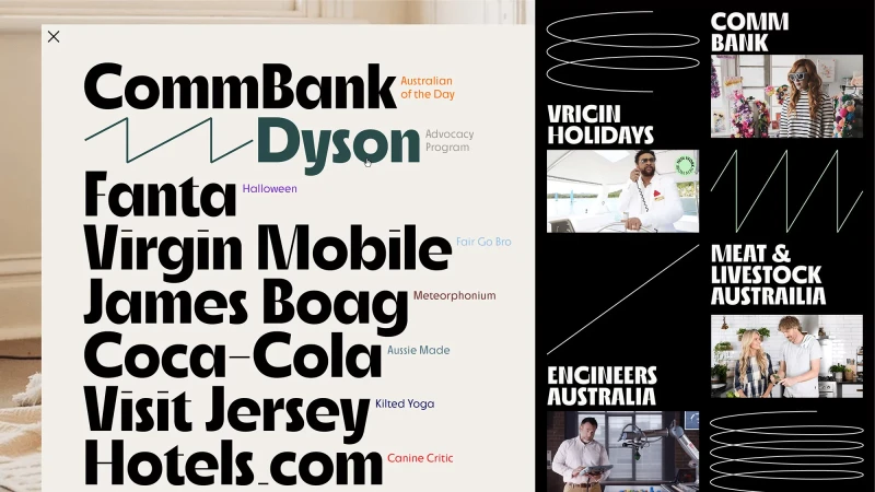 Collage of text and brand logos arranged in a playful composition with lifestyle and product photography showcasing various advertisements.