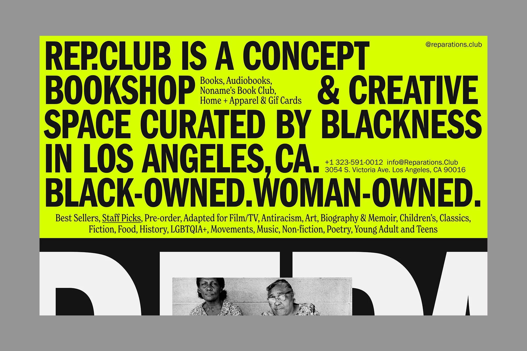 Promotional graphic featuring Rep.Club bookstore announcement against a bright yellow backdrop and a black and white vintage photo.