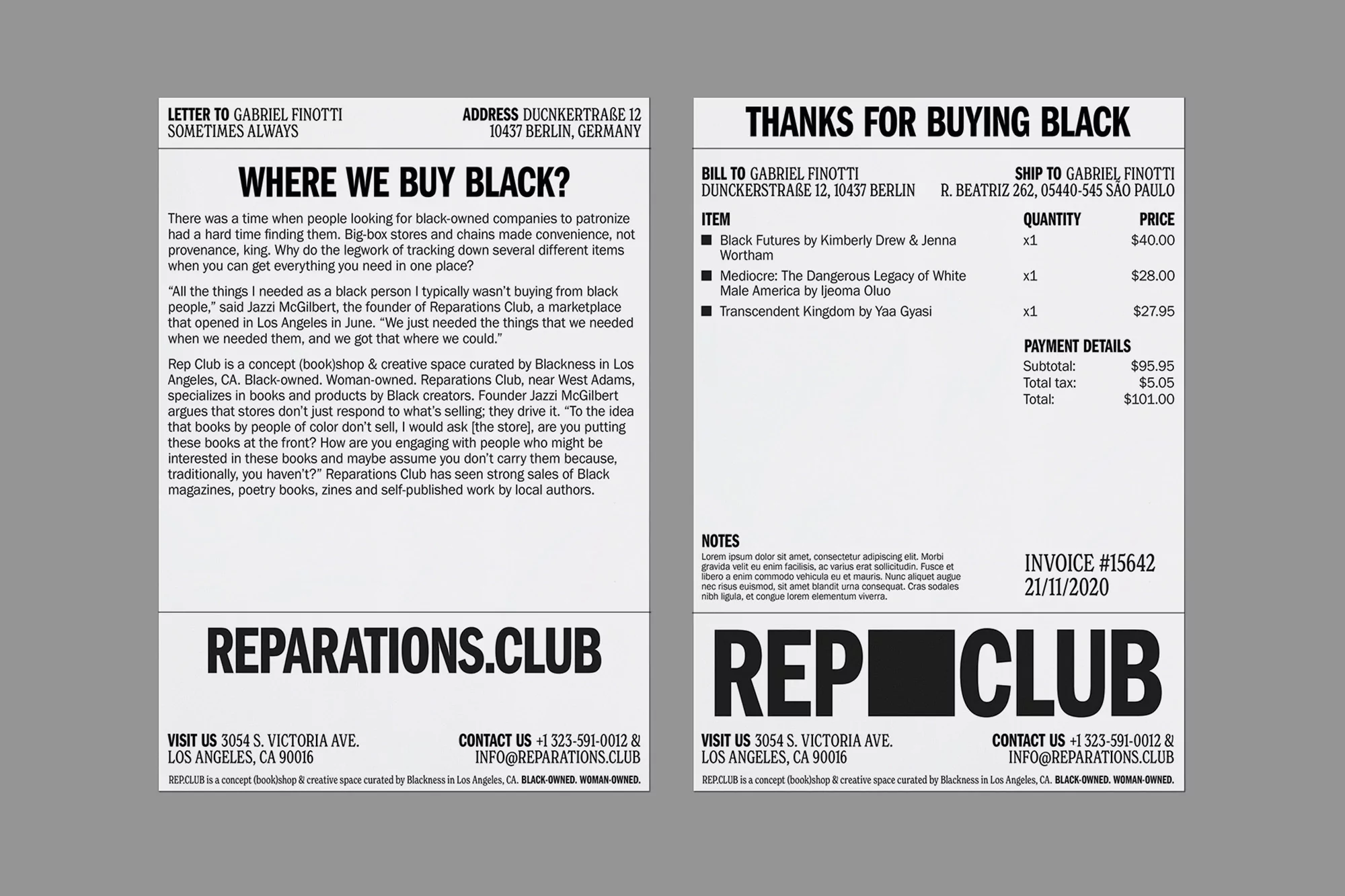 Two off-white paper documents. The left document references a letter to Gabriel Finotti and the question 'Where We Buy Black?'