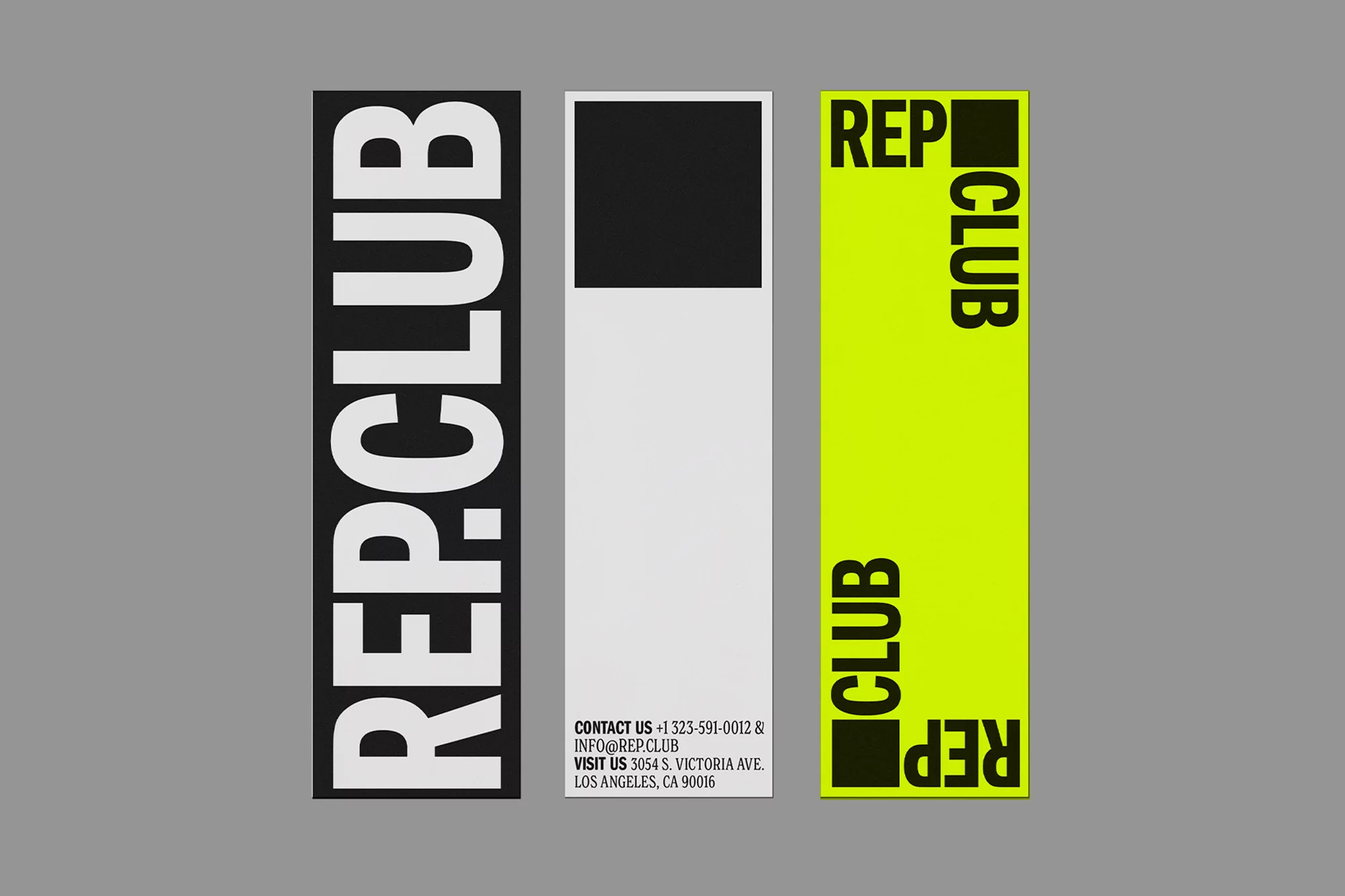 Three vertical advertising banners for Rep Club featuring bold typography and a minimalist design in black, white, and neon yellow.