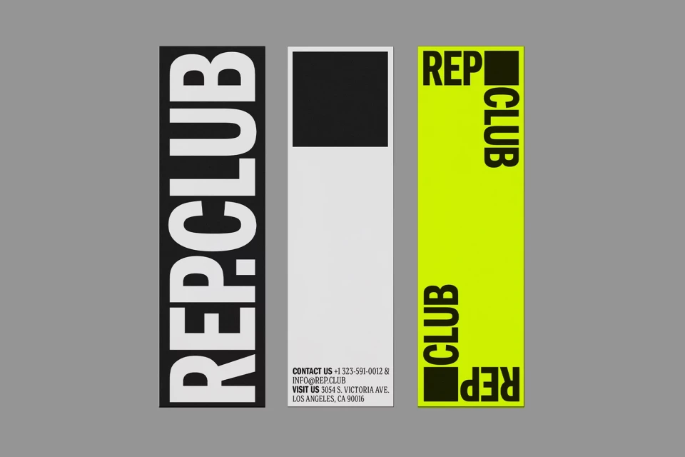 Three vertical advertising banners for Rep Club featuring bold typography and a minimalist design in black, white, and neon yellow.
