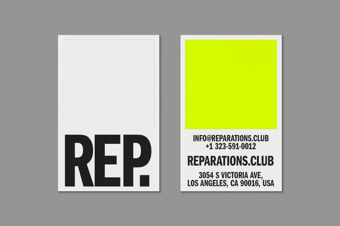 Front and back views of a minimalist white business card featuring bold black typography and a vibrant yellow block for Reparations Club brand identity.