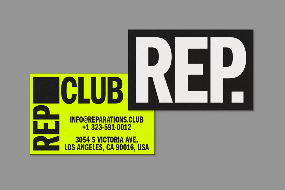 Black and neon-yellow stickers with 'REP CLUB' in bold white text. Contact information and a Los Angeles address are also printed.