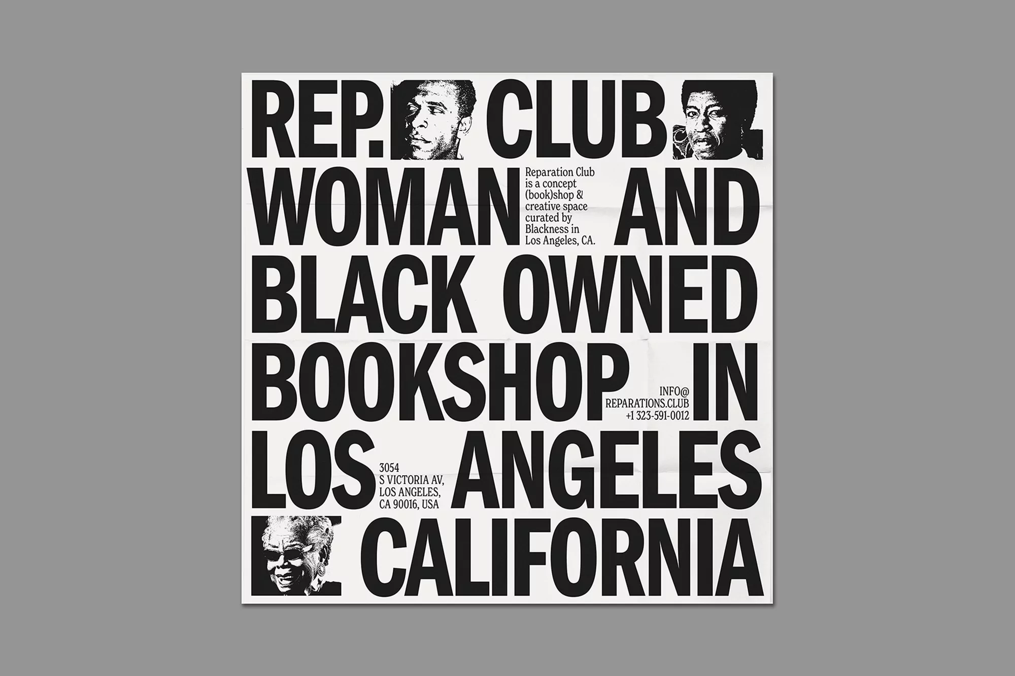 Black and white graphic poster featuring the text 'Reparation Club' and images of Black people, advertising a black-owned bookstore in Los Angeles.